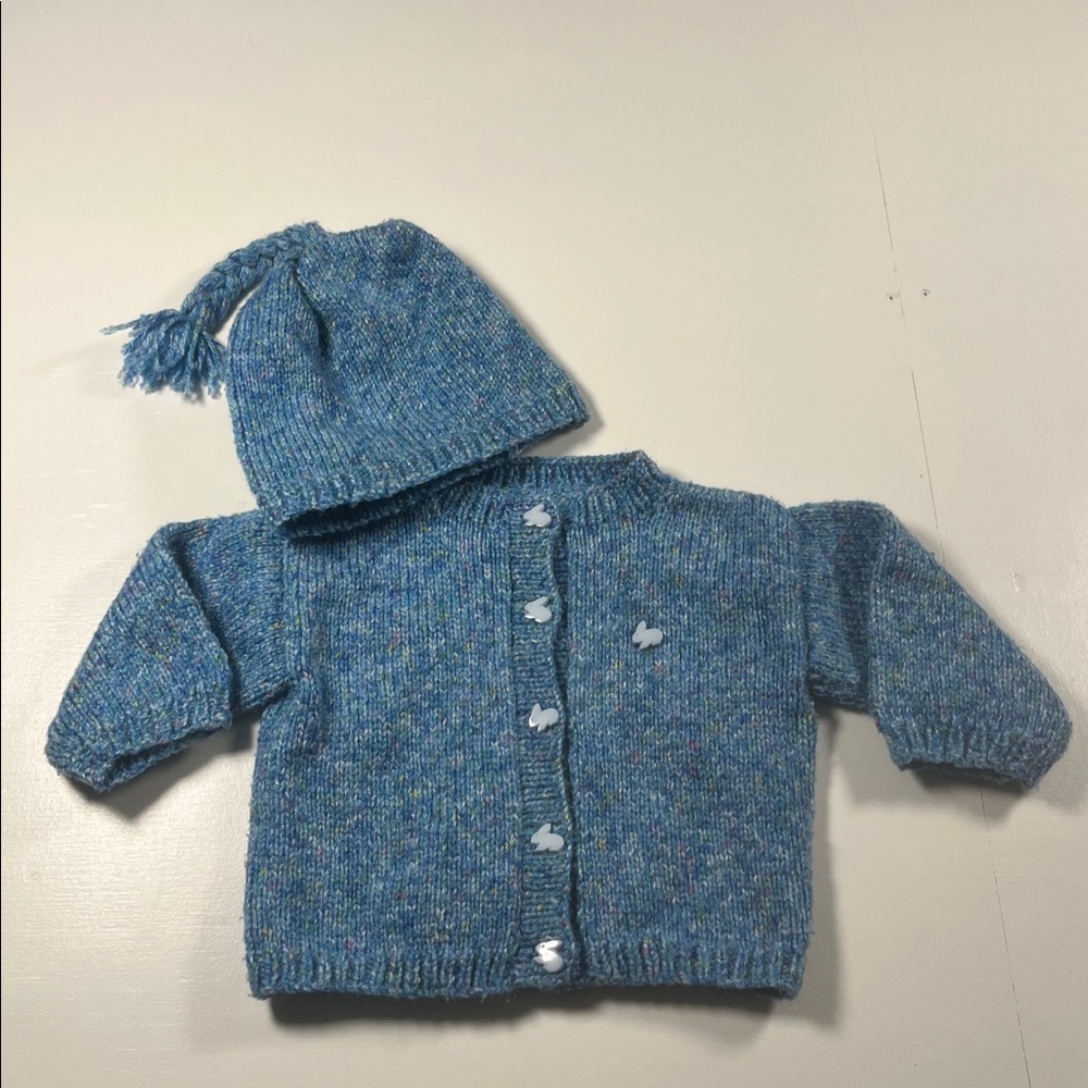Handmade Knit Baby Sweater and Hat Set Blue Flecked Bunny Buttons About 6 mos
